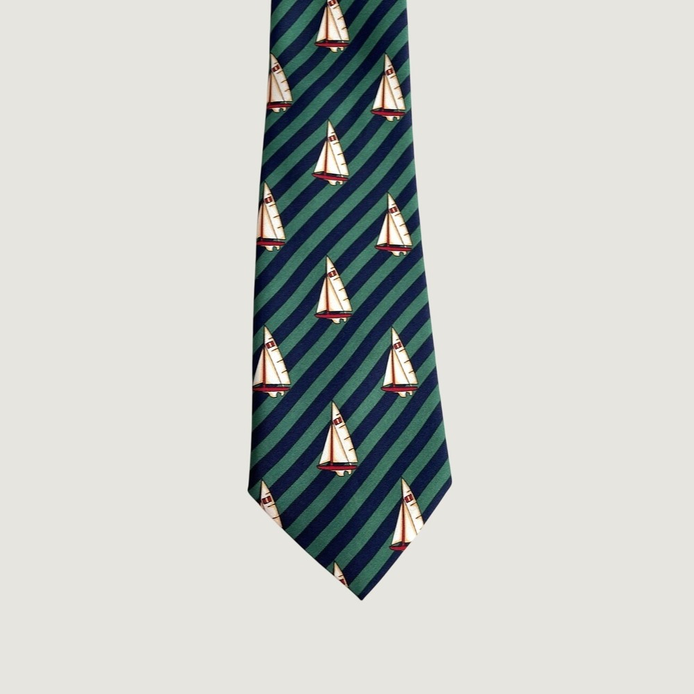 Class Club Mens Silk Tie Navy Green Striped Sailboat Nautical Preppy Necktie